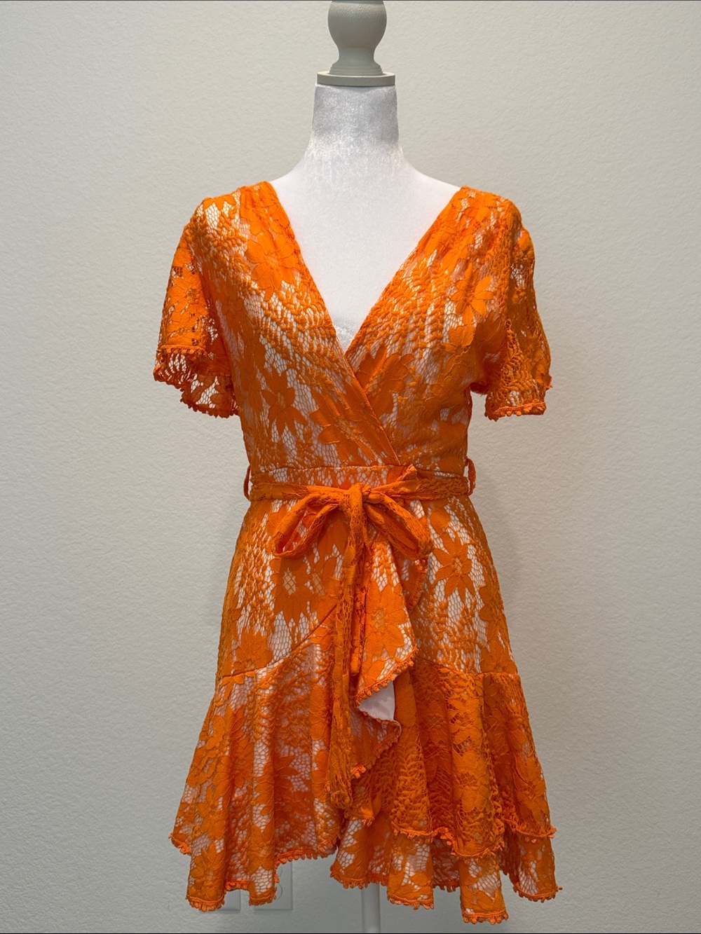 Women's Orange Lace Wrap Dress with Tie Waist